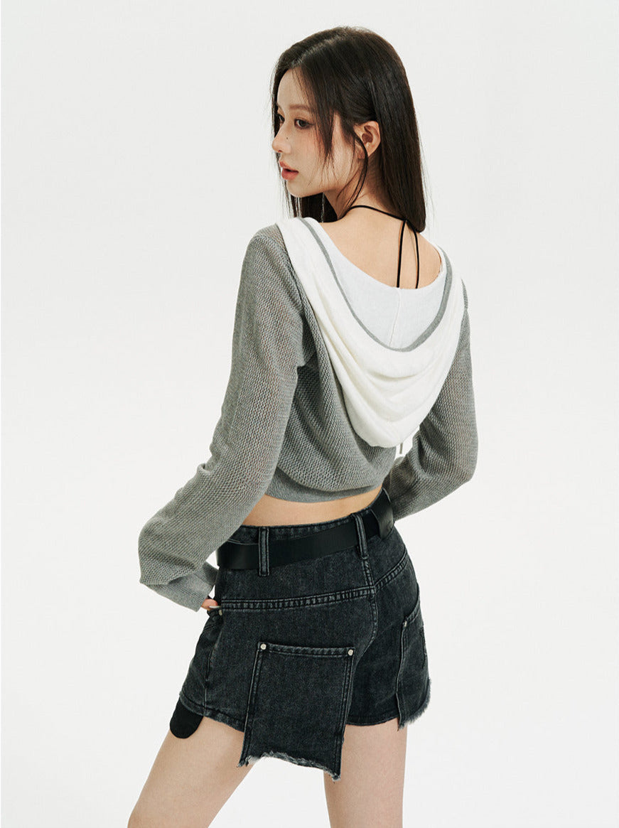 Sheer Zip Mesh Knit Short/Long Hoodie