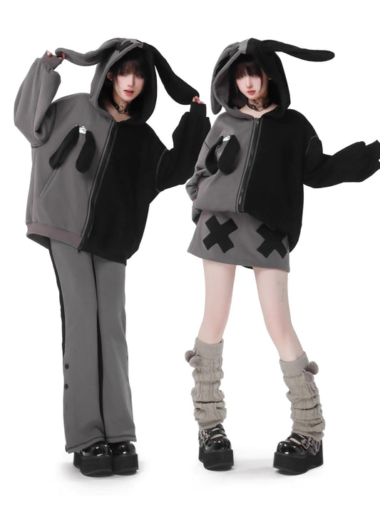 Rabbit Ear Contrast Zip Parker Pants Skirt
