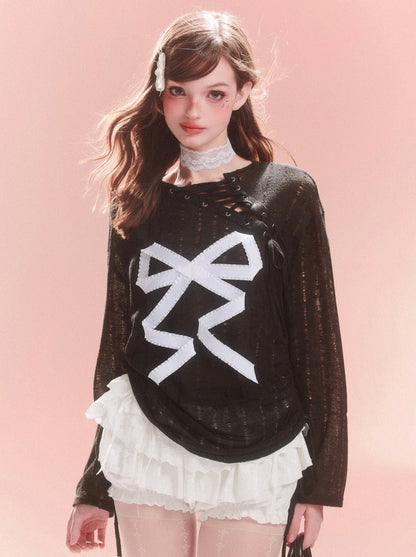 Sheer Lace-up Design Ribbon Top Asymmetrical