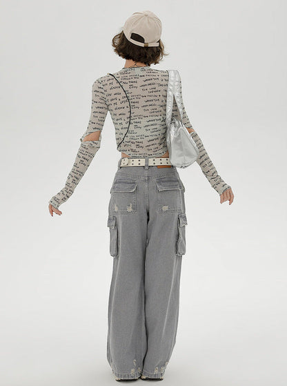 Sleeve Split Short Print Slim Top Letter