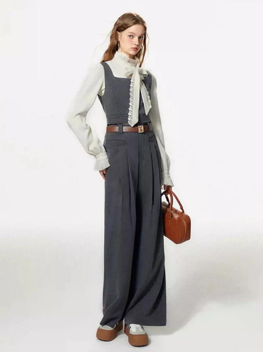 Bow-tie Gray Vest Pleated Knit Pants Slack Suit + Shirt