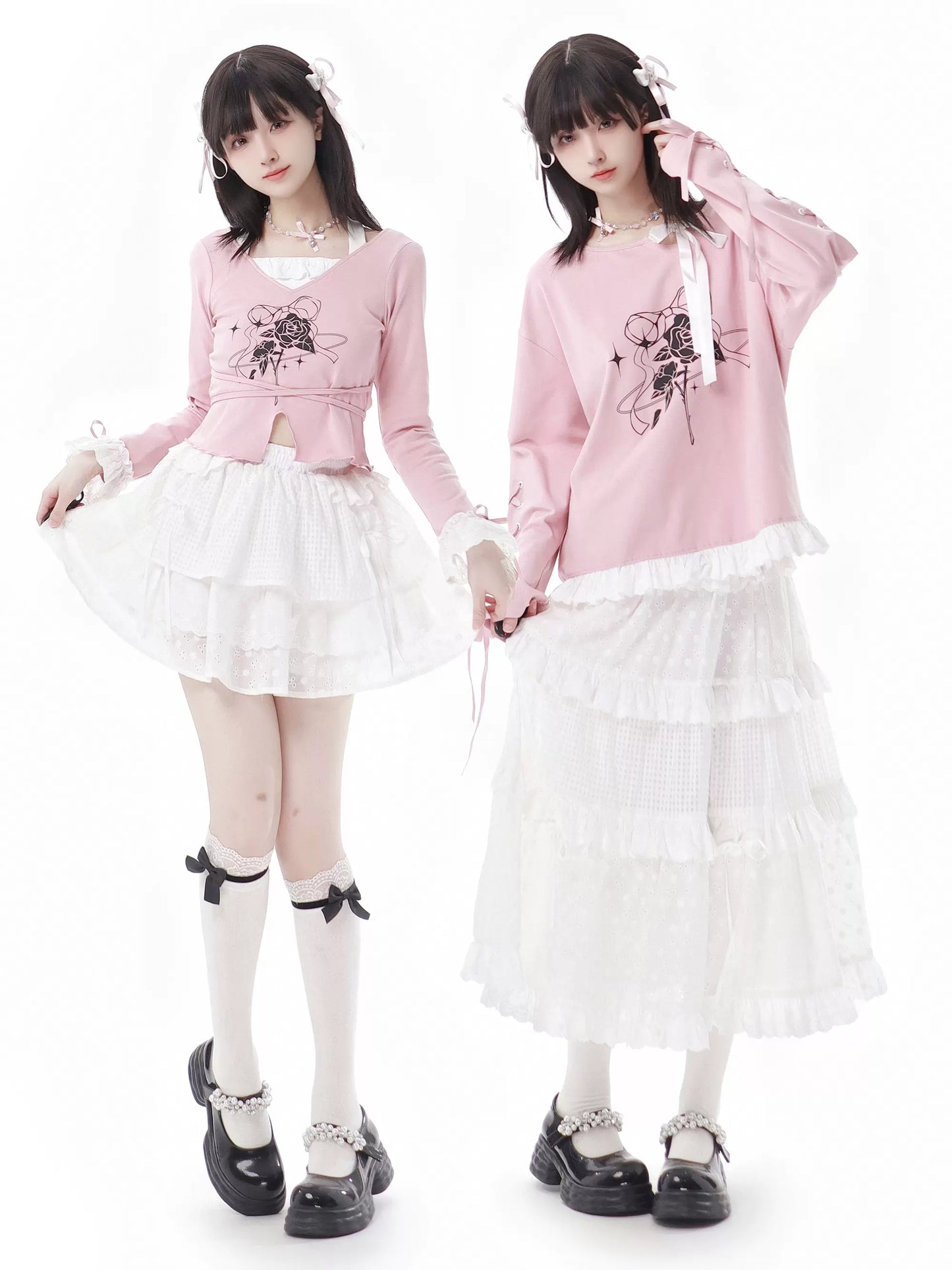 Ensemble haut en dentelle blanc et jupe fleurie rose