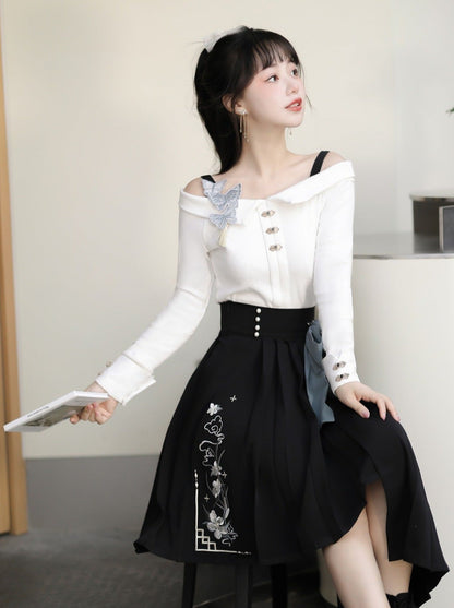 Top Buckle Waist Asymmetrical Skirt + Big Bow Off-Shoulder China High