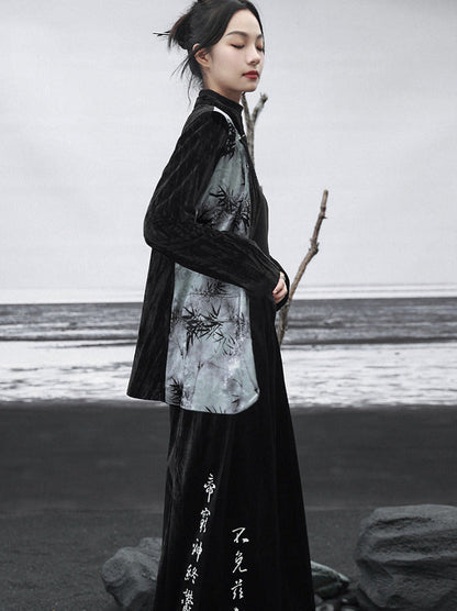 Veste imprimée chinoise en velours de bambou contrasté avec épissure de couleur