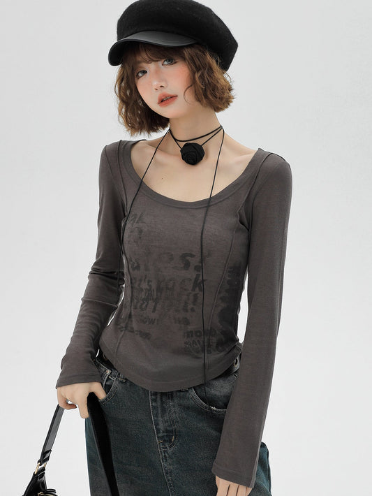 American Slim Retro Langbuchstabe Grau T