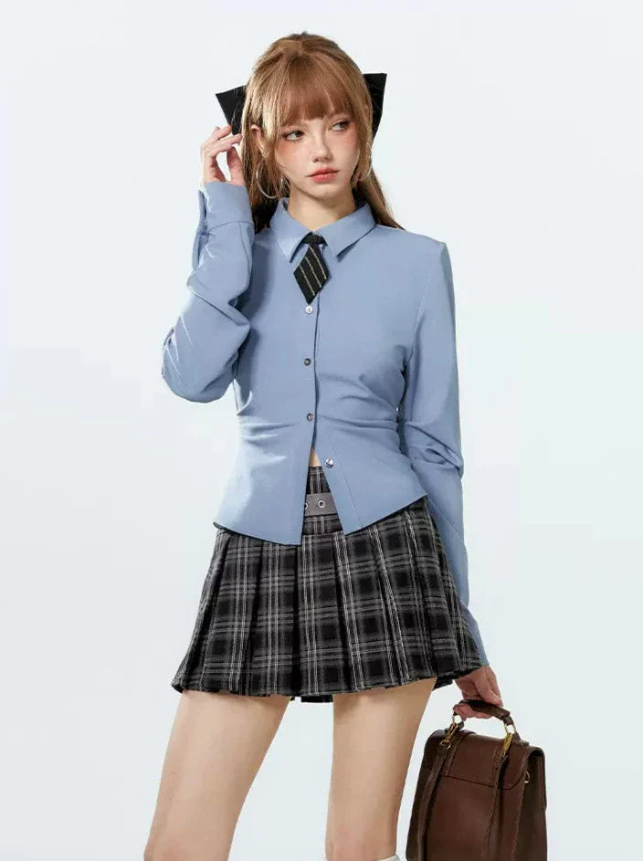 Style Tie Shirt College Waist Diamond Pleated