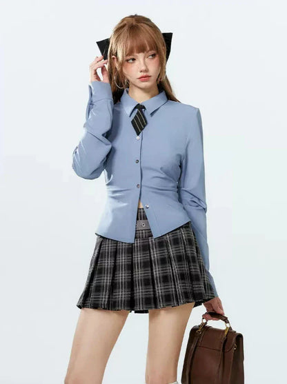 Style Tie Shirt College Waist Diamond Pleated