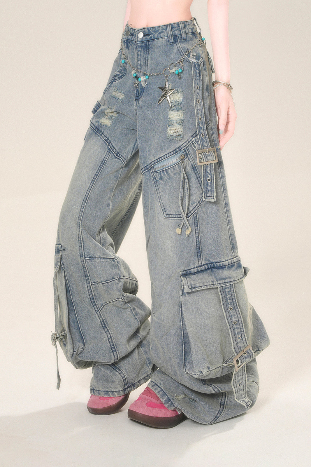 street high wide Rip denim pants