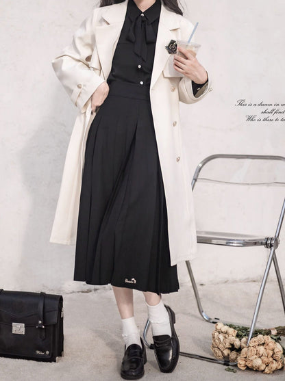 Jupe + Trench Badge Collège Chemise Abricot Manteau Plissé Brodé Métal Ruban Noir