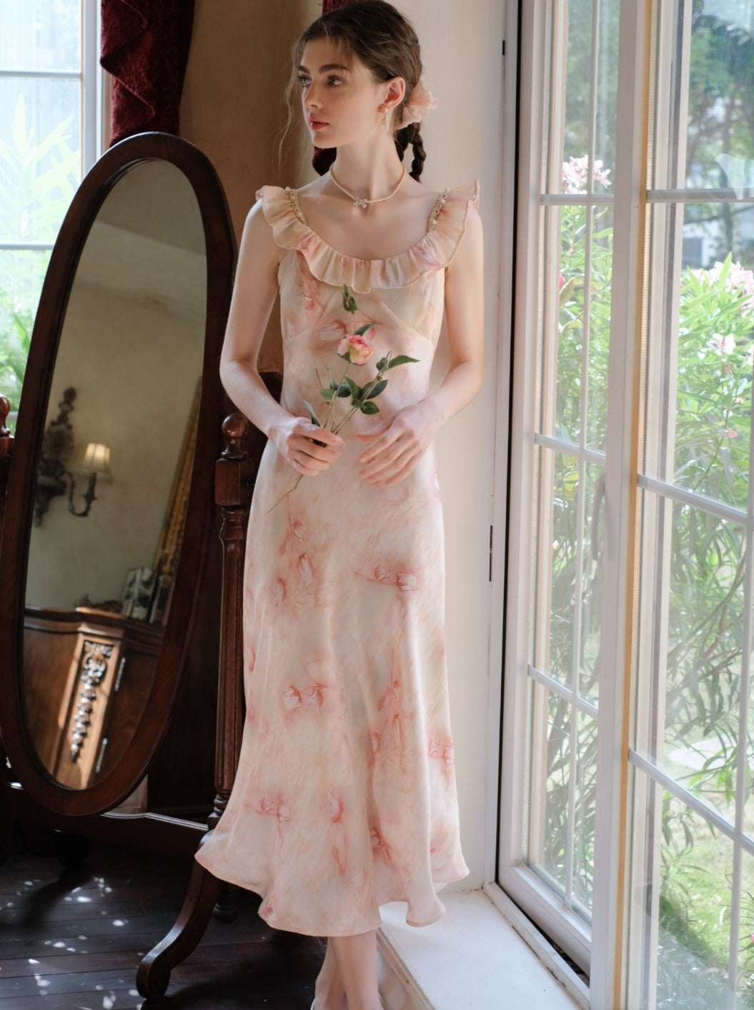 Long Suspender Dress Flower Blouse Cardigan + Sheer