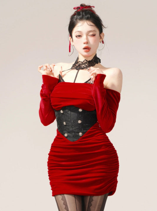 Paris Cocktail Party Red Velvet Party Dress
