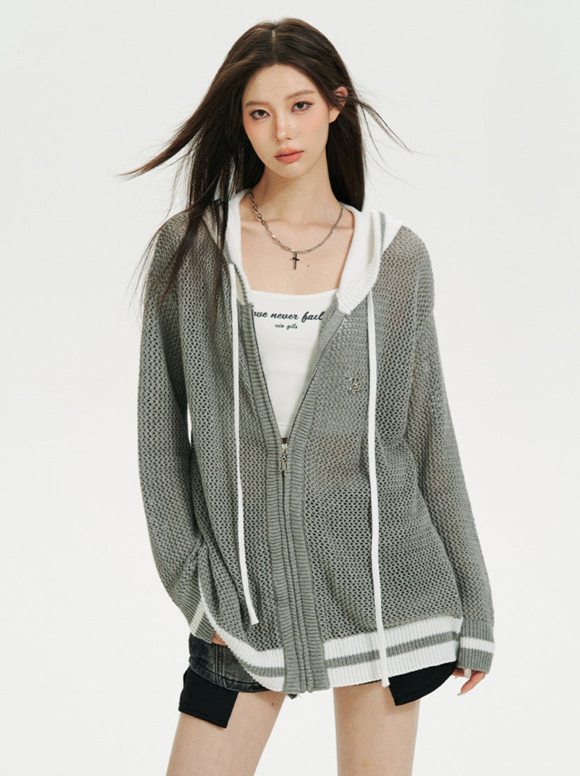 Sheer Zip Mesh Knit Short/Long Hoodie