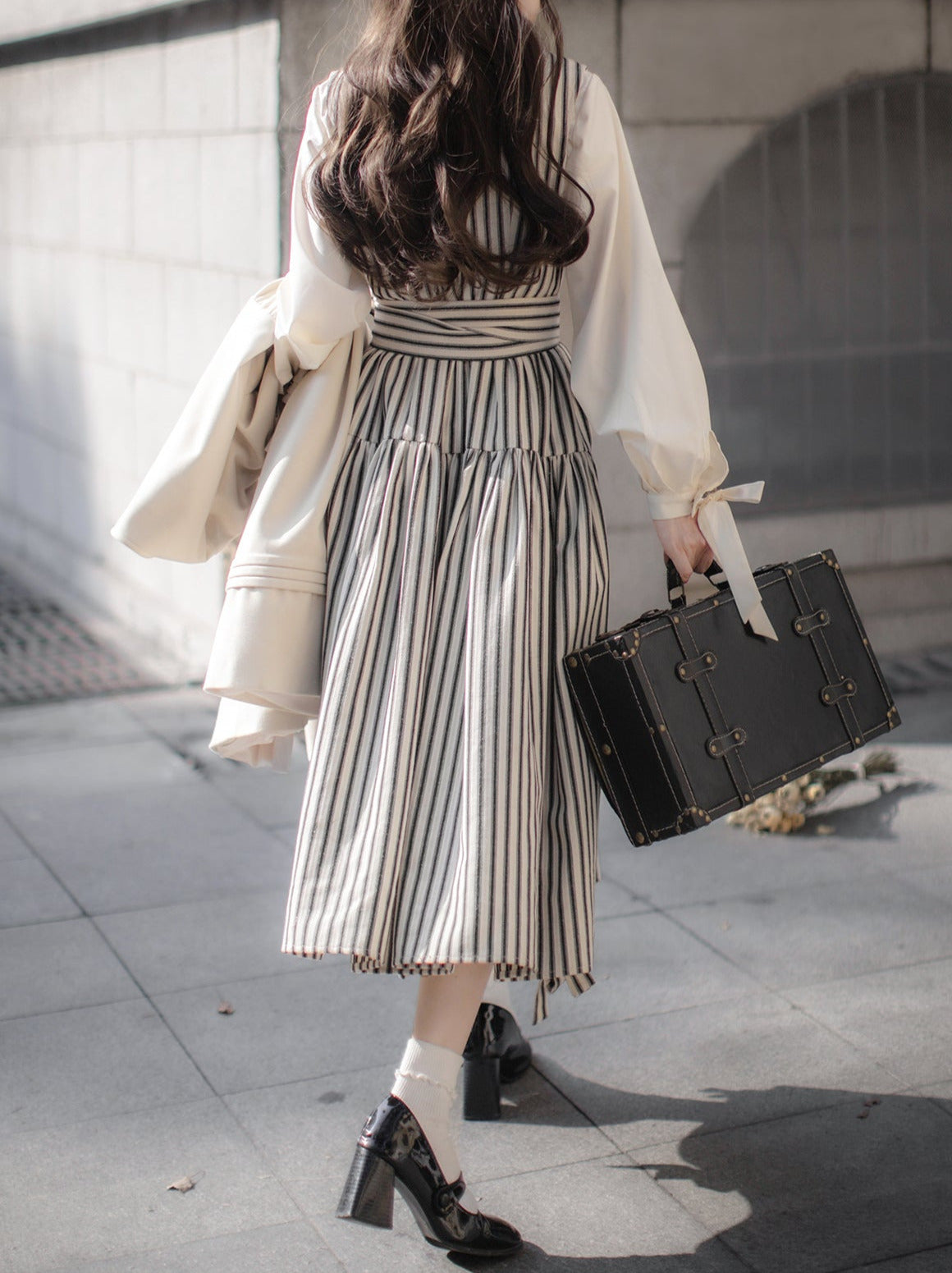 Ribbon French V-Neck + Shirt Dress Retro Striped Ribbon