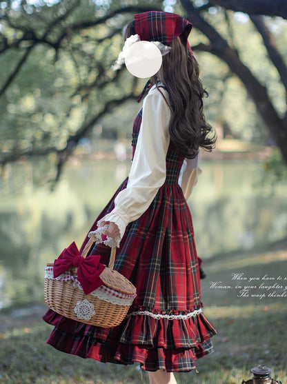Robe Col Ruban Capuche Tête Montante Rouge Petit + Écharpe À Volants Plissée Cape Manteau Chemise À Carreaux