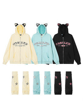 Sweat à capuche zippé en velours à carreaux avec oreilles Warmers