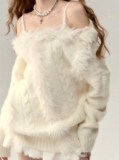 One-shoulder Knit Cable + Cable Cardigan