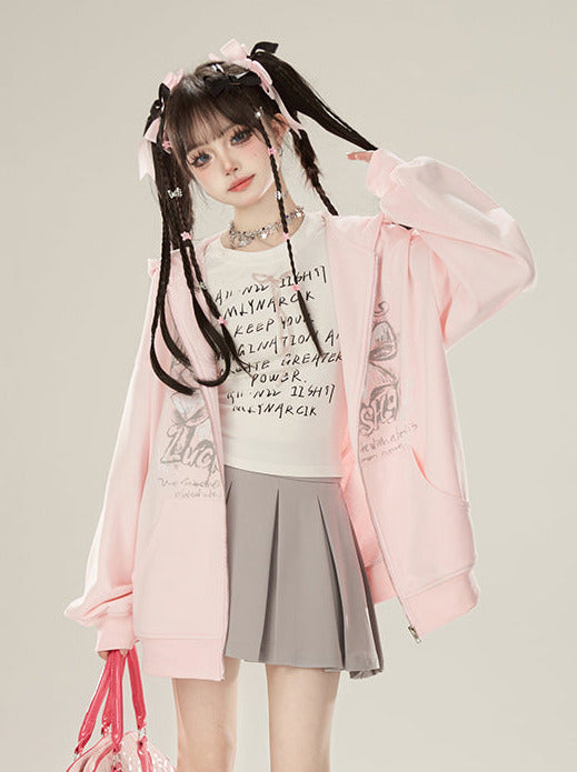 Zip Girly + Loose Butterfly Camisole Pants Jacket Ribbon Sweatshirt Hooded Pink