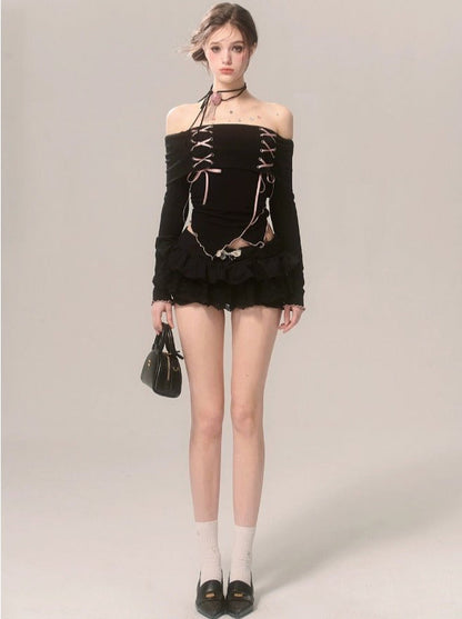 Strap Top Ribbon Off-the-shoulder Ruffle High-end