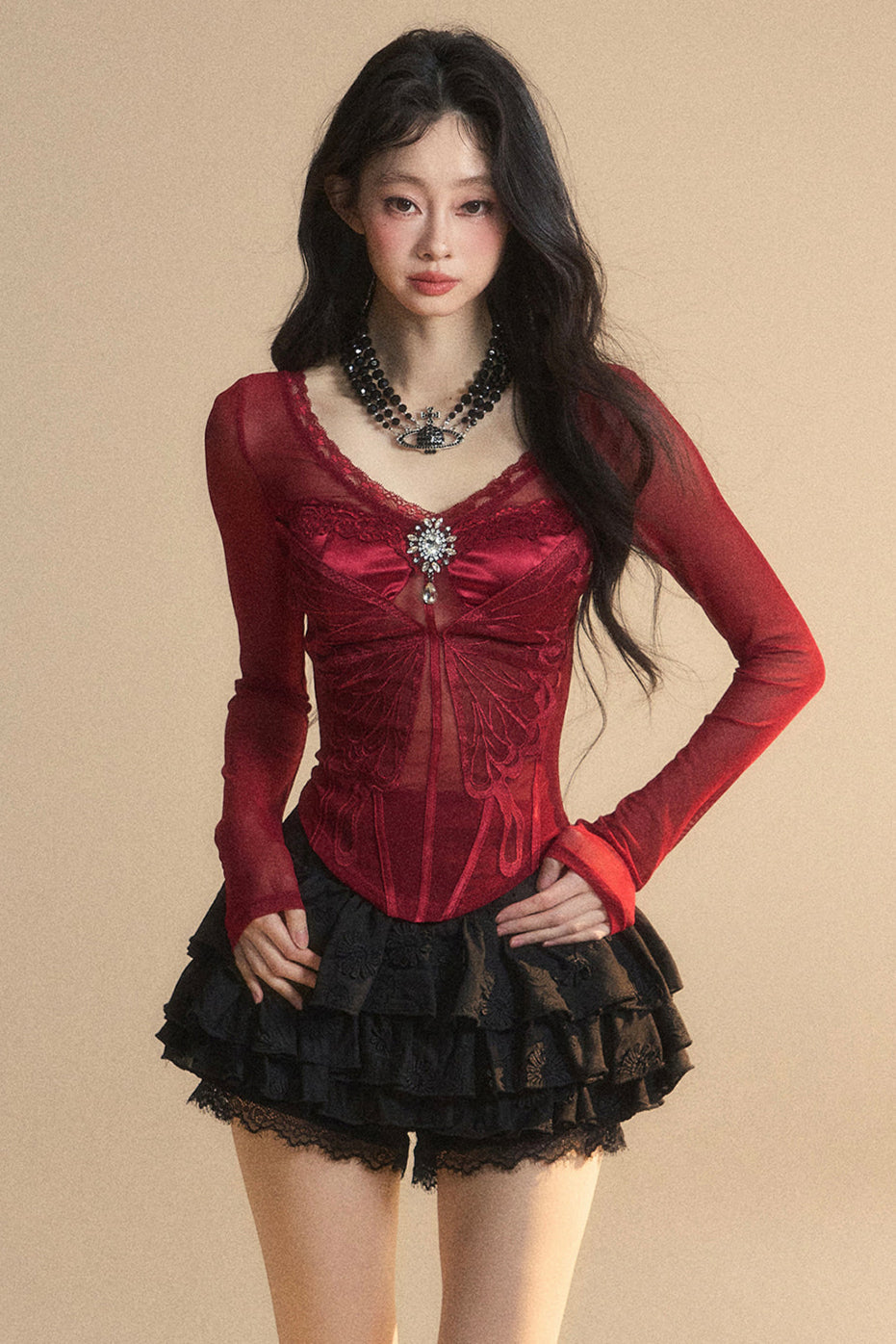 Top Mesh Cranberry Pre-order product Australian Lace V-Neck