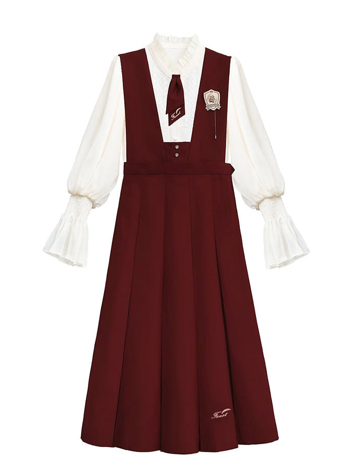 Shirt Retro Chiffon Badge + College Lace Tie + Elegant + Red Red Emblem Sundress