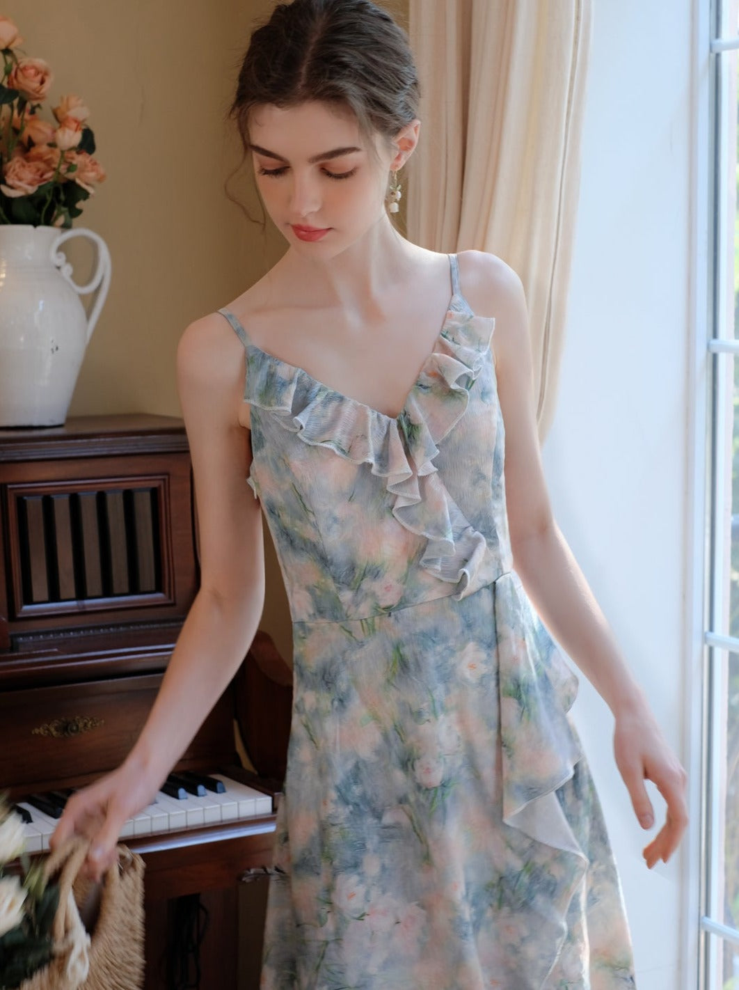 モーニングスモーク + キャミソールドレス ブルーブラウス ミストシフォン