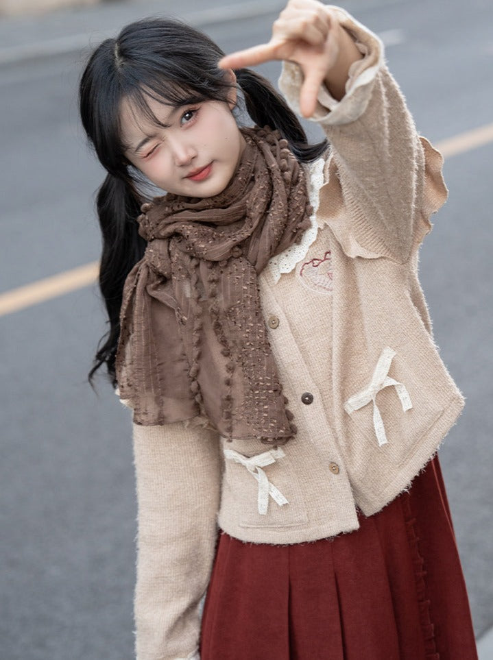 Skirt Long Cardigan Retro Cream Pleated
