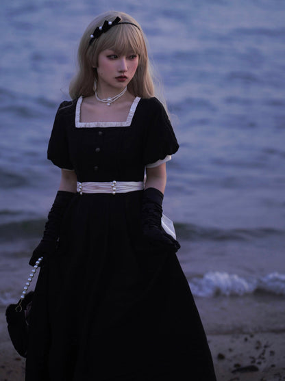Square Black Pearl Waist Necklace French Collar Dress Black Ribbon Catsuit Retro