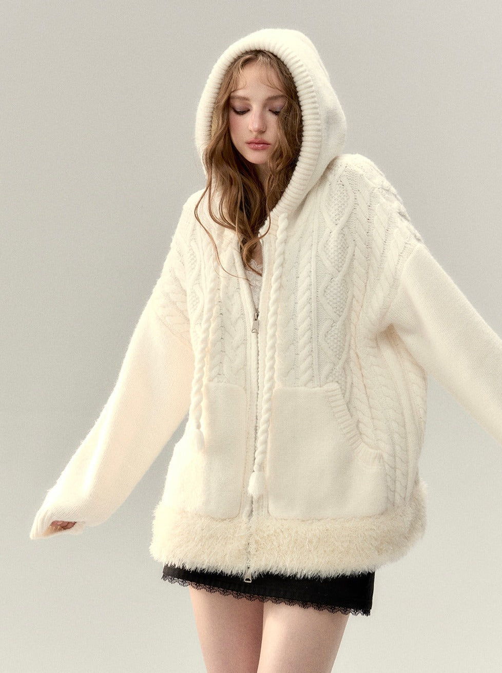 Sweat à capuche zippé en fourrure torsadée
