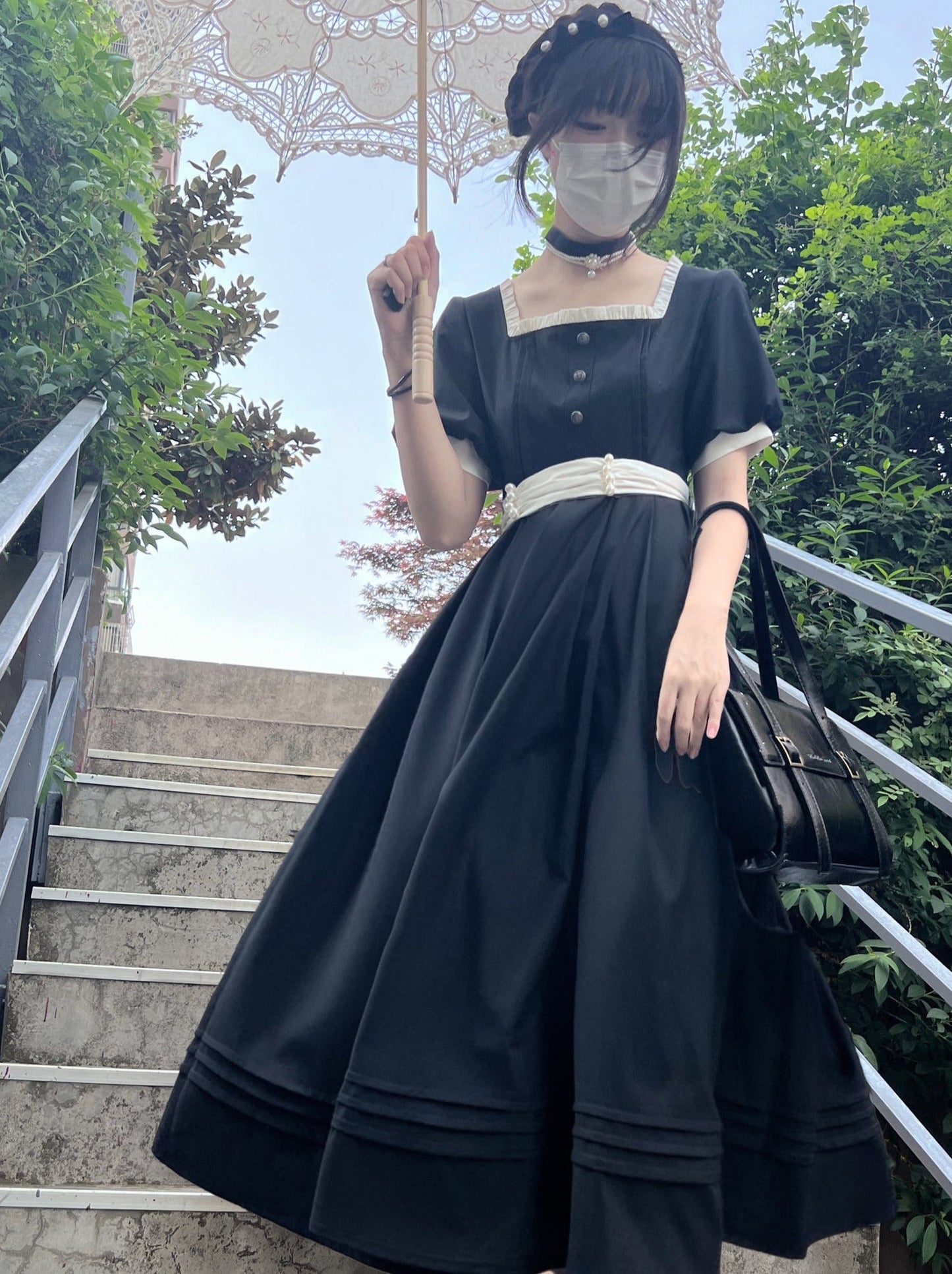 Square Black Pearl Waist Necklace French Collar Dress Black Ribbon Catsuit Retro