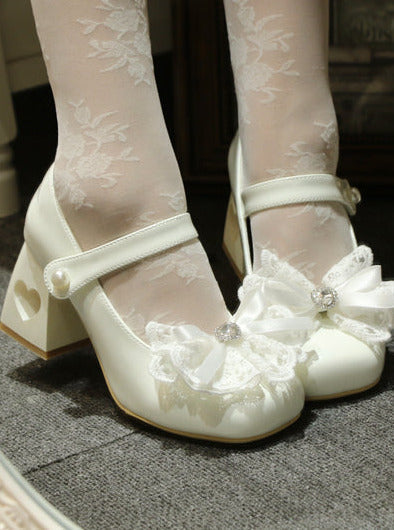 Chaussures élégantes à talons carrés en dentelle et ruban, bout pointu, Lolita Love