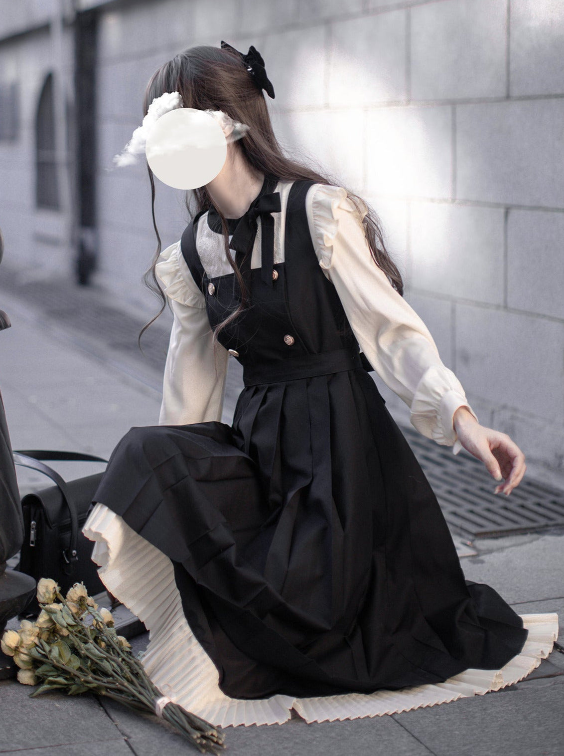 Pleated Ruffle Ribbon College Dress Shirt Accessories Retro Suspender + Elegant Layered Shoulder + Lace