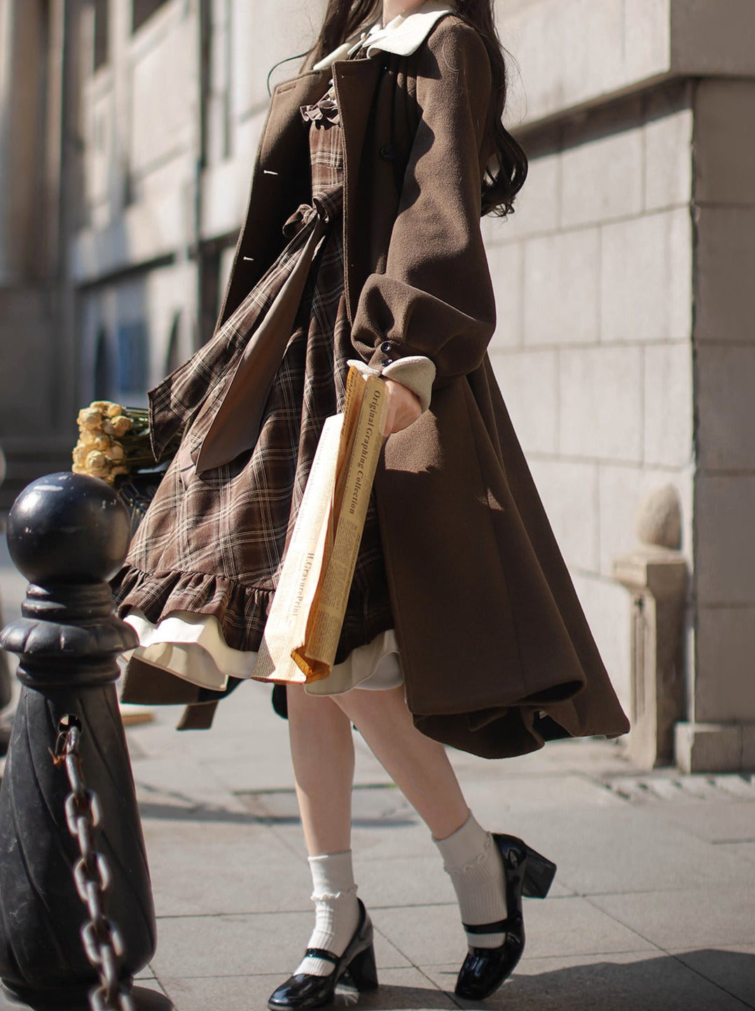 Manteau sans manches, ceinture, ruban, classique, superposé, accessoire, robe, marron, carreaux, rétro, perle, volume