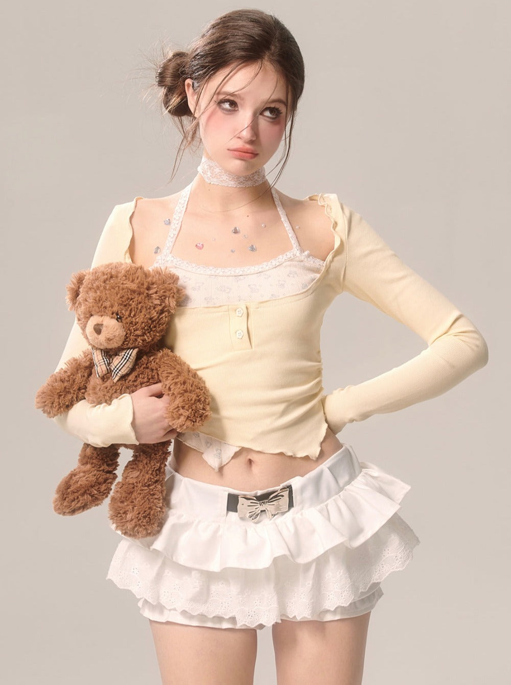 Pearl Ribbon Skirt White French Pants Lace Flared White Eye