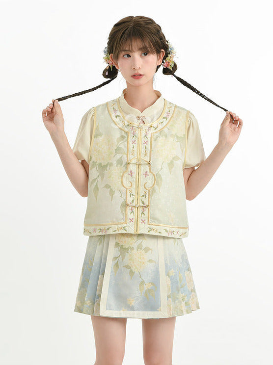 Chemise chinoise + jupe + gilet à manches bouffantes en jacquard