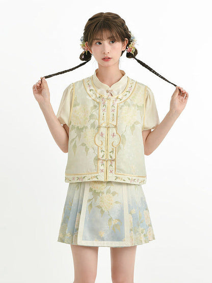 Chemise chinoise + jupe + gilet à manches bouffantes en jacquard