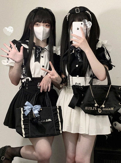 ドールリボンカラーパフスリーブレースシャツ
