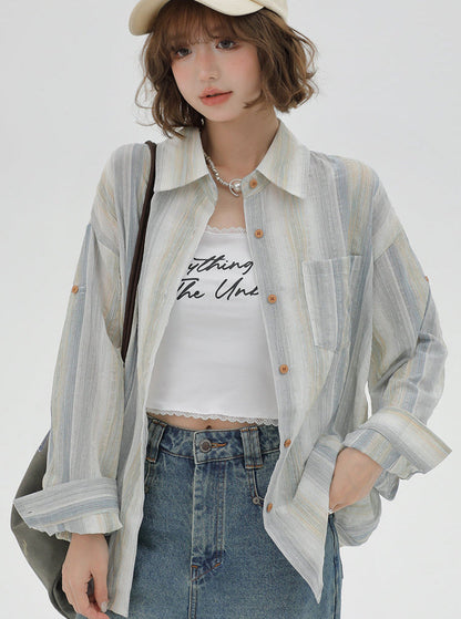 Striped Collar Shirt Loose Contrast