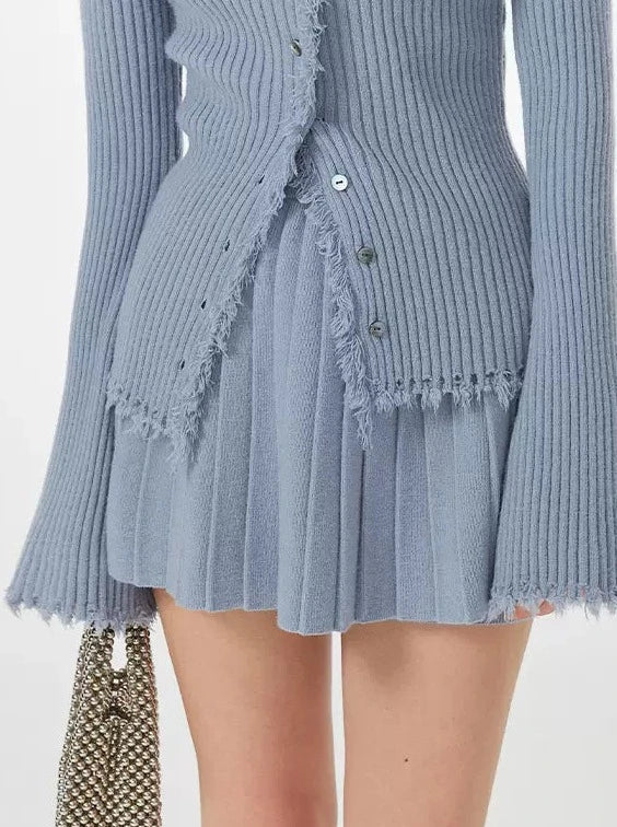 Blue Skirt Ribbed Cardigan Ice Top Flared