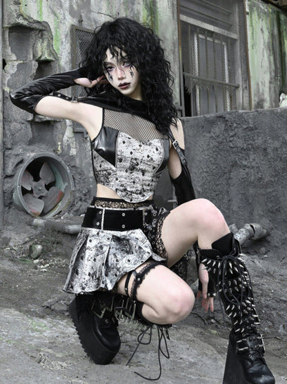 キュロット リキッドプリーツ フィッシュネット パンク ゴス インベイジョン ミニスカート PU