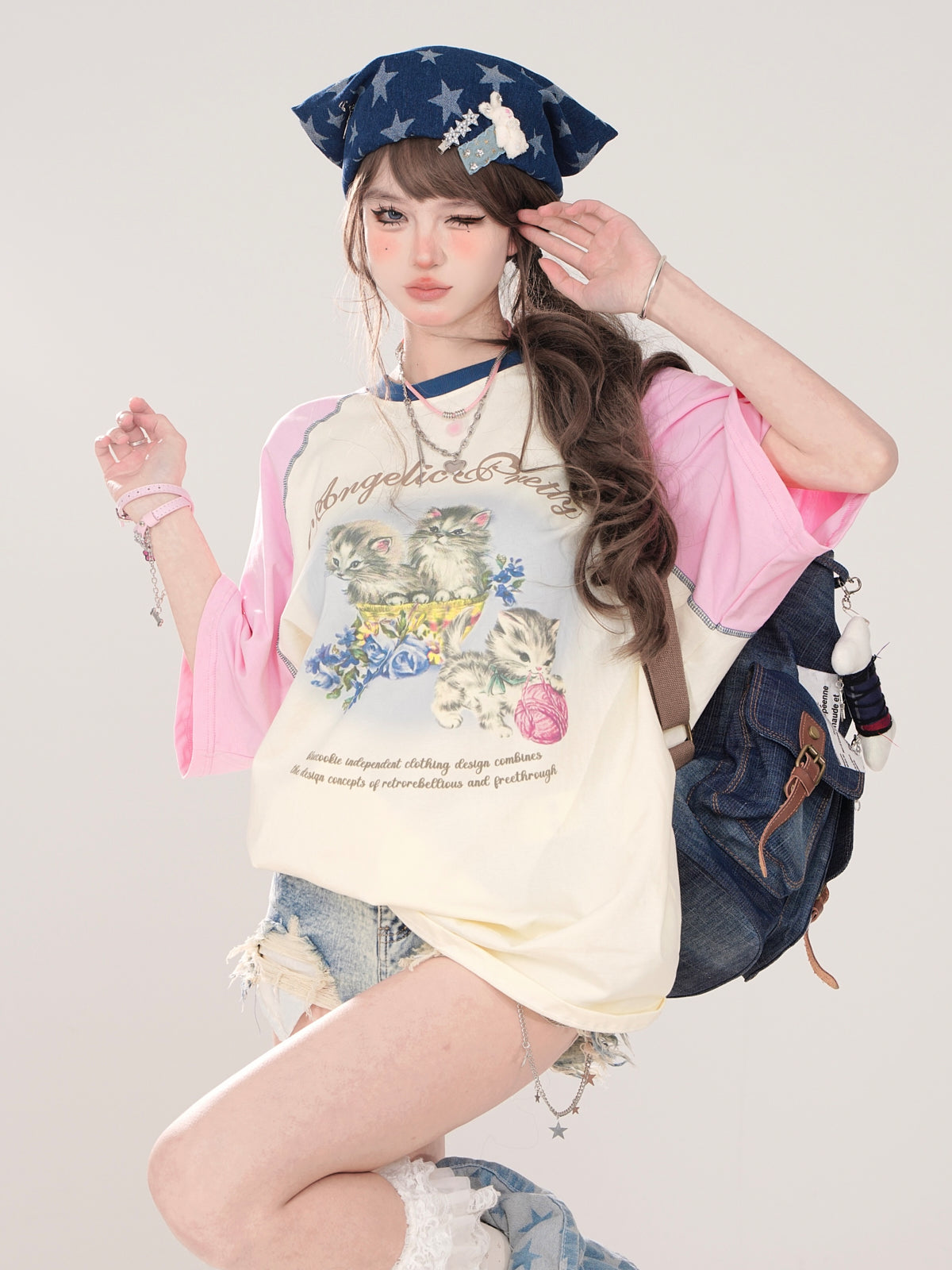 T-shirt ample raglan imprimé chat mignon