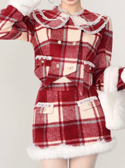 Veste à carreaux rétro avec col en dentelle française et jupe double à carreaux en fourrure