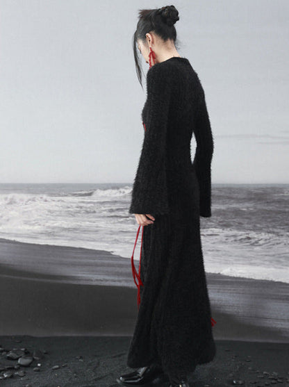 Contrast Dress Rose Irregular Red Knit Sleeve Dark Black Bell