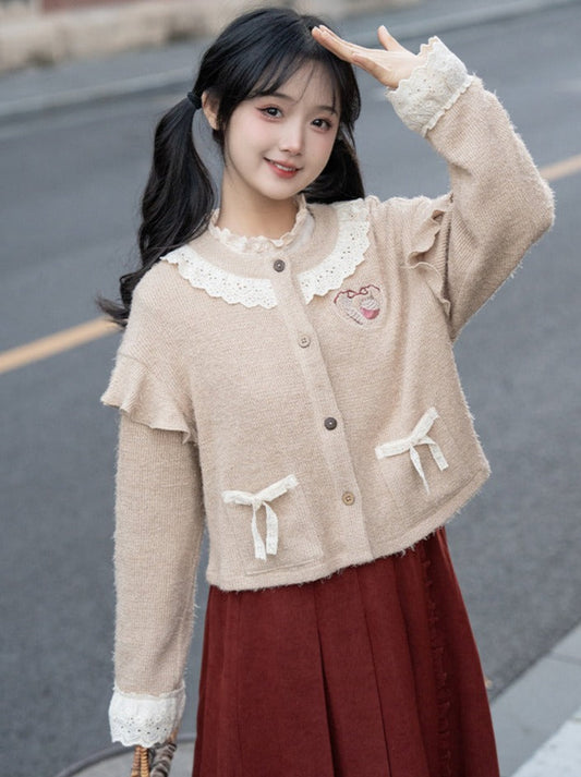 Skirt Long Cardigan Retro Cream Pleated