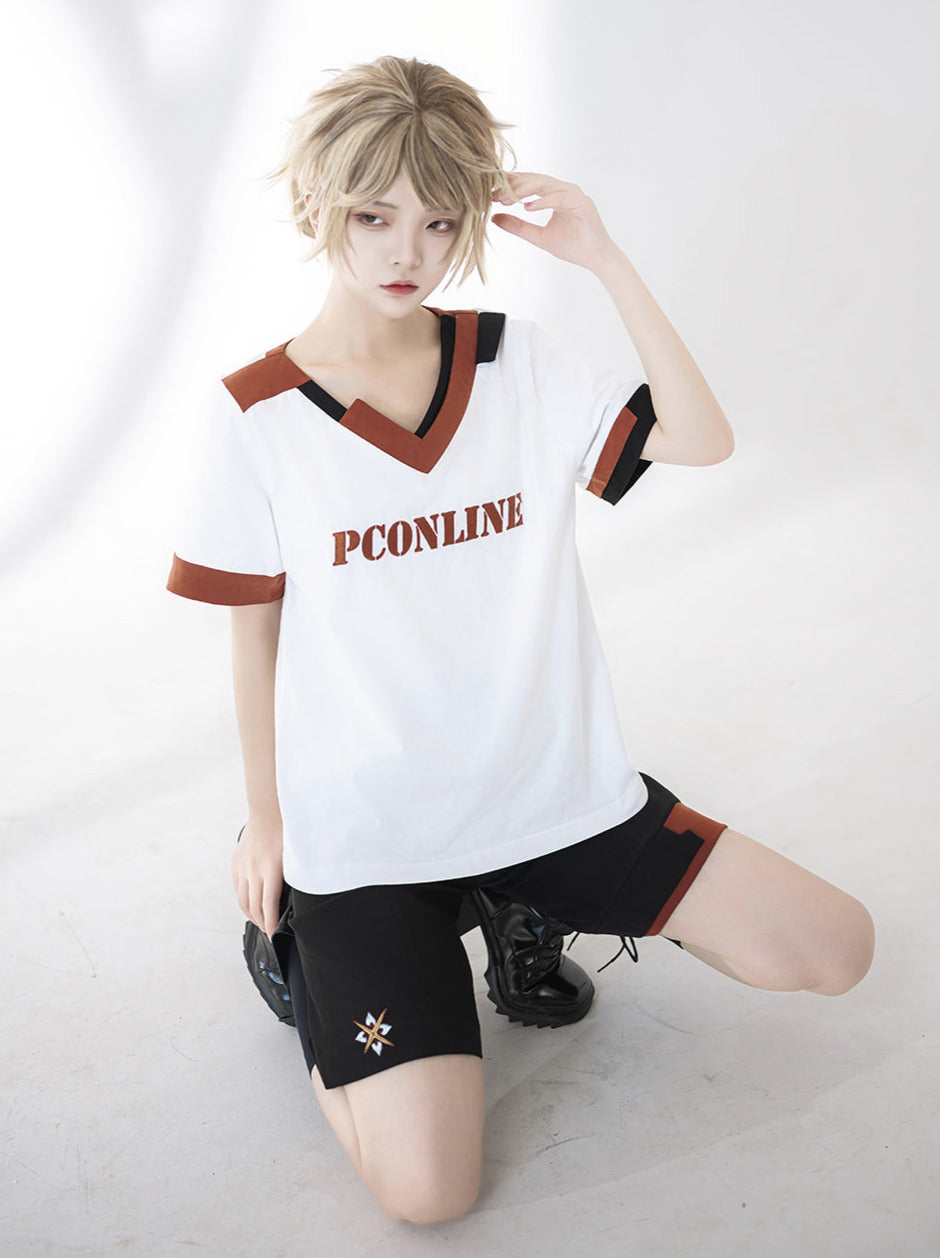 Shorts T-Shirt Weiß Stickerei Sommer V-Ausschnitt