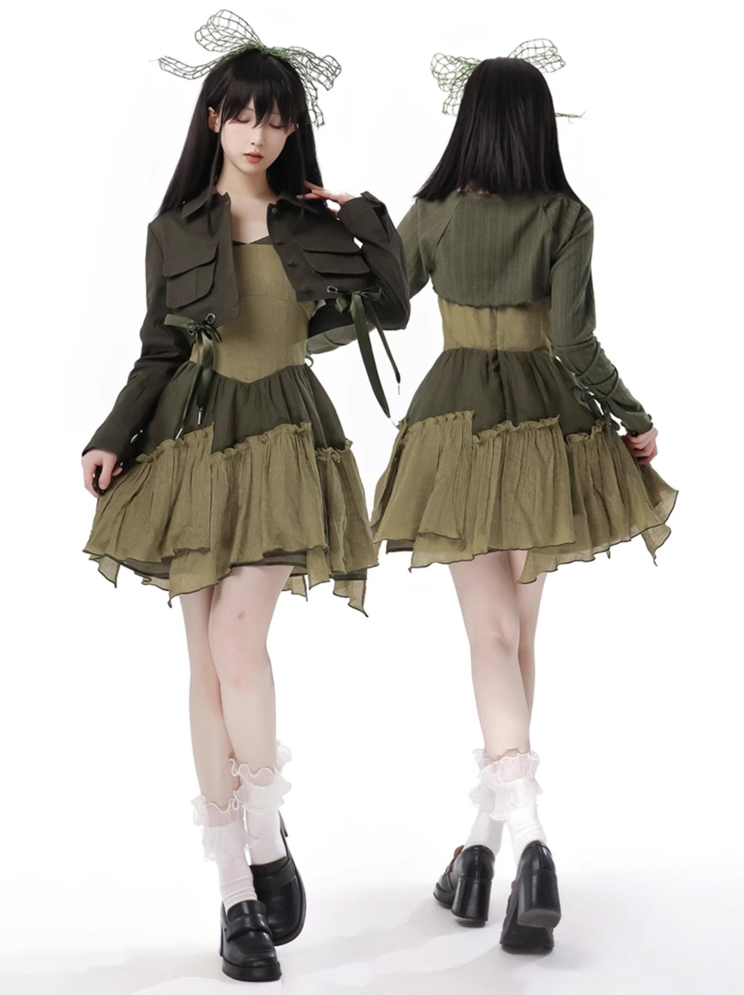 Veste courte américaine en denim vert rétro à licou