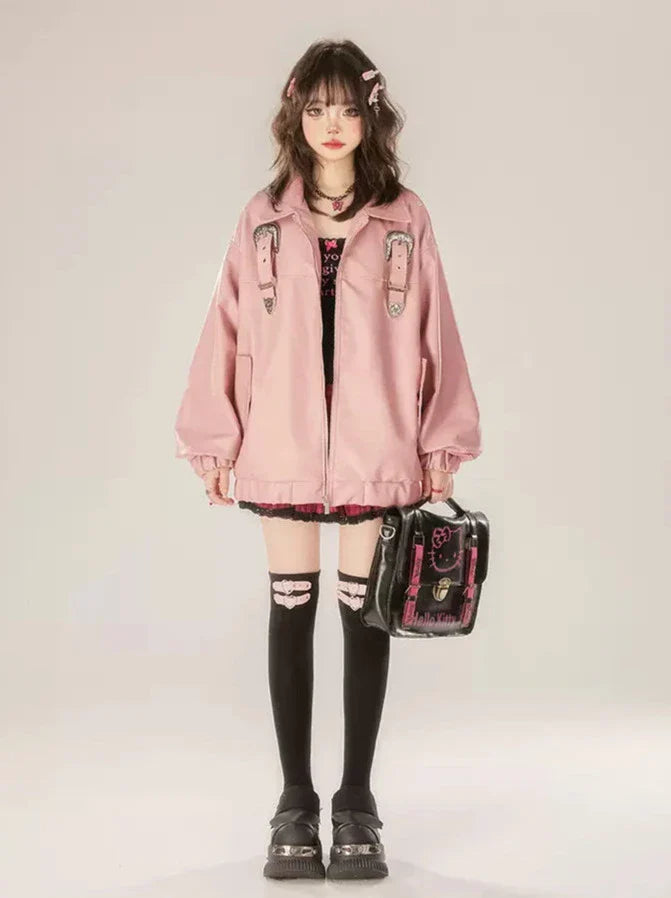 Veste en cuir rose rétro avec boucle et fermeture éclair