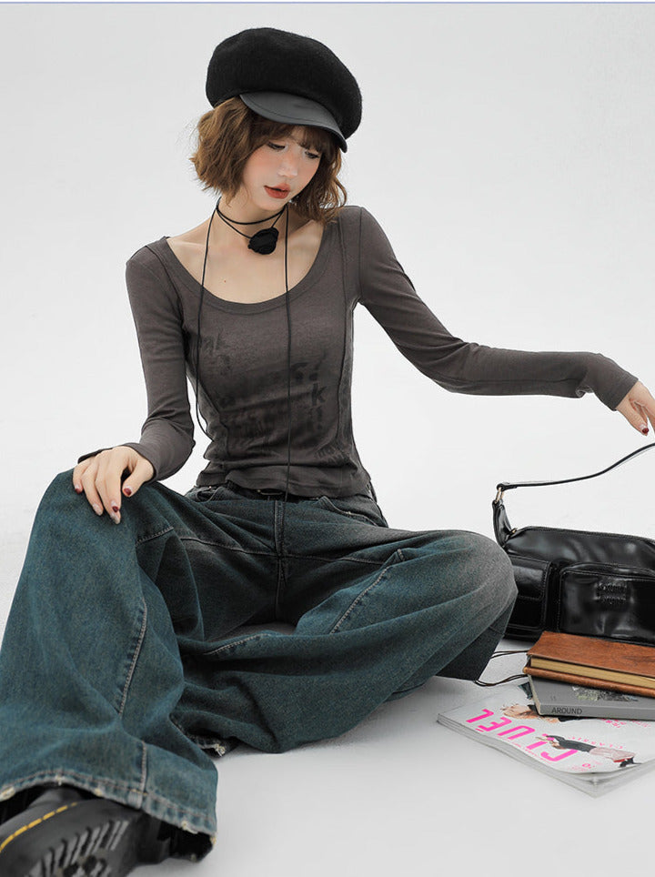 American Slim Retro Langbuchstabe Grau T