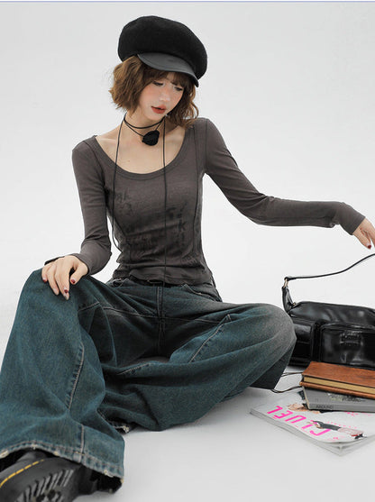 American Slim Retro Langbuchstabe Grau T
