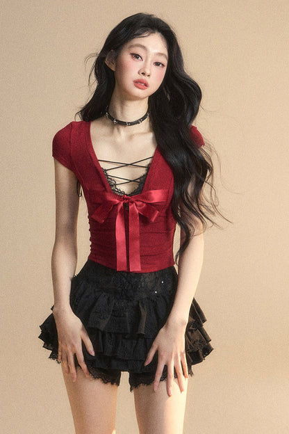 Top Reservations Ribbon Trim Lace Chic Crop