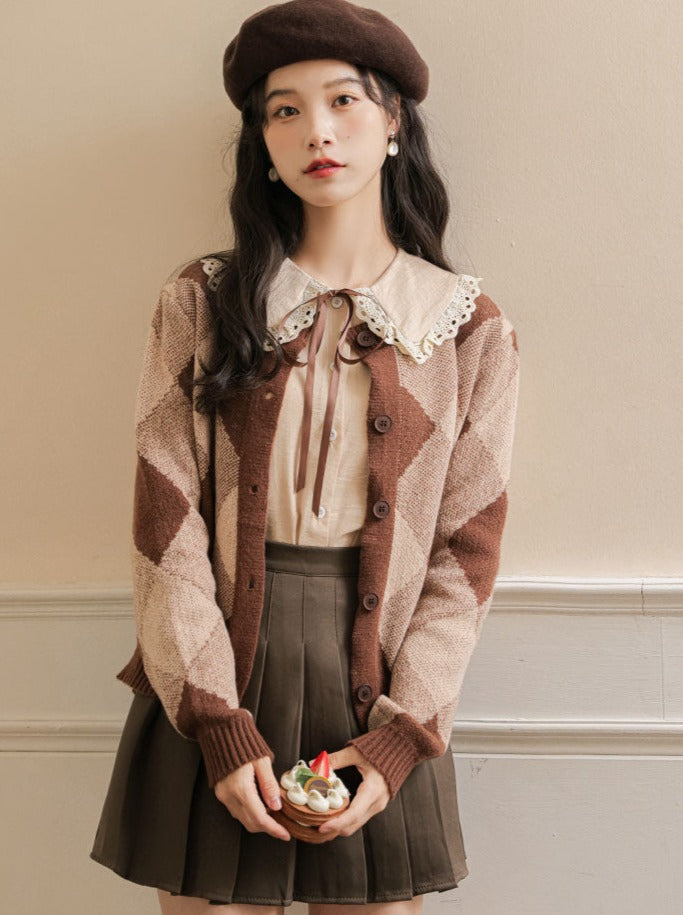 Argyle Skirt Pleated Knit Brown Cardigan Retro